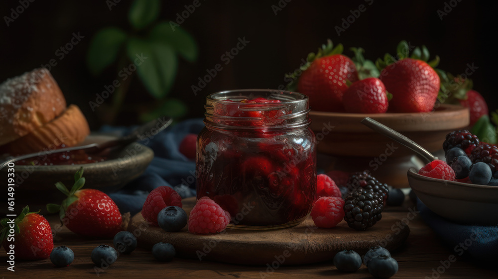Strawberry jam and fresh berries Generative AI