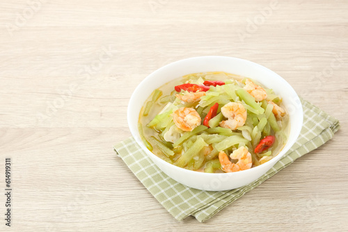 Tumis Labu Siam Udang, spicy stir fry chayote with shrimp, Indonesian traditional food 