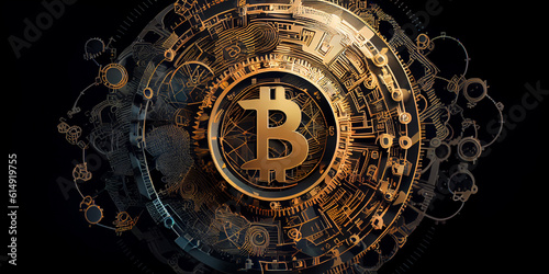 stylized image of bitcoin cryptocurrency coin symbol on a dark background. Generative AI