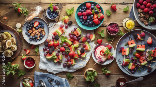 Summer food table scene over a white wood background. Collection of refreshing salads, fruit, wraps and BBQ grilled skewers. Top view. Generative AI