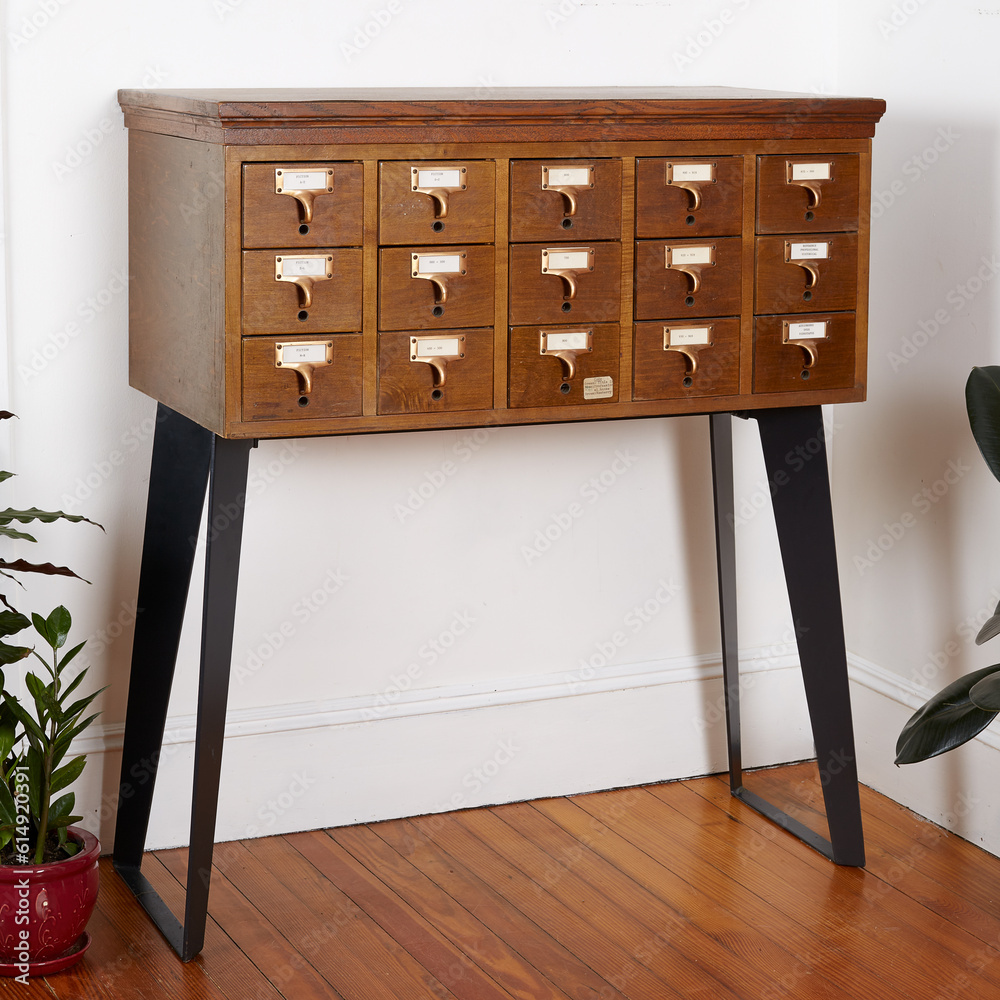 Antique card catalog cabinet. Powder-coated steel base. Vintage patina ...