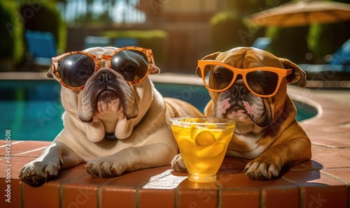 Illustration of two bulldogs on vacation at swimming pool © Daria
