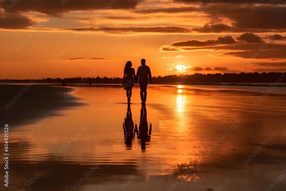 夕日の美しいビーチを歩くカップル　with generative ai