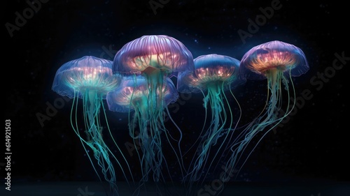 Delight in the hypnotic ballet of jellyfish, gracefully pulsating through the ethereal waters. Generative AI