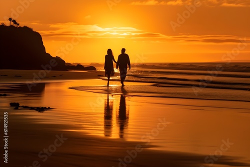 夕日の美しいビーチを歩くカップル with generative ai