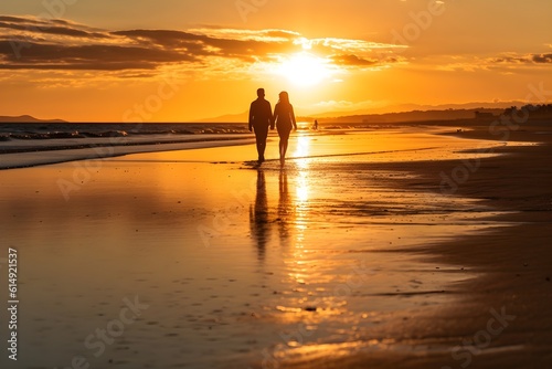 夕日の美しいビーチを歩くカップル　with generative ai © CrioStudio