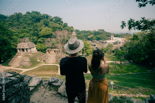 couple in Mayan ruins in Palenque, Chiapas, Mexico - may 2023