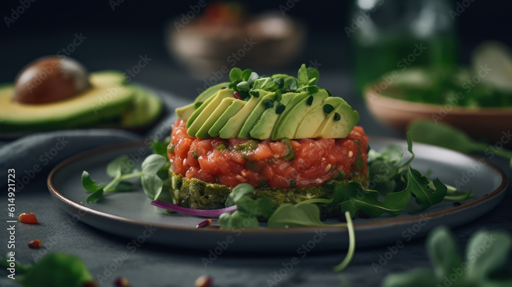 Tasty salmon tartare with avocado and greens on white table, closeup Generative AI Tasty salmon tartare with avocado and greens on white table, closeup Generative AI