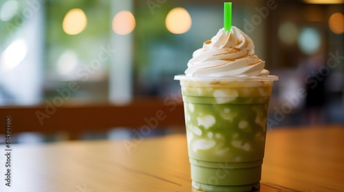 Fényképezés Green tea in a takeaway glass with whipping cream and syrup on the table in cafe background