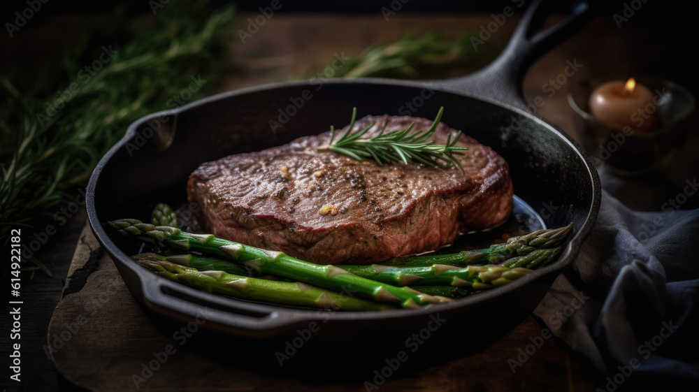 Traditional roasted angus beef steak with with green asparagus served as close-up in a rustic fying pan Generative AI