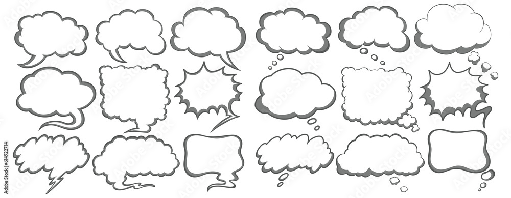 Retro empty comic speech bubbles set with black halftone shadows. Vintage design stock vector. Retro empty comic speech bubbles set with black halftone shadows. Vintage design stock vector.