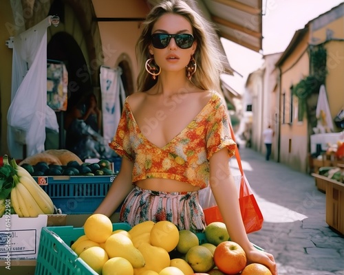 a woman wearing a colorful skirt and shirt in an italian market buying vegetables and fruits, living happy care-free, dolce vita. generative AI