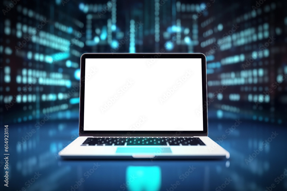 Laptop with isolated white screen on a futuristic background. Background with selective focus. AI generated