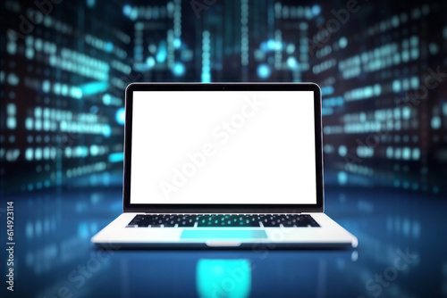 Laptop with isolated white screen on a futuristic background. Background with selective focus. AI generated © top images