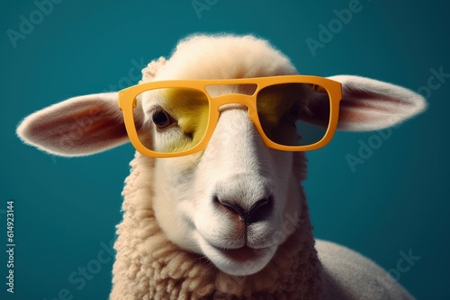 Funny cute sheep in sunglasses with happy emotion. AI generated, human enhanced © top images