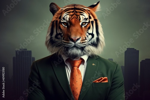 Anthropomorphic Tiger dressed in a suit like a businessman. Business Concept. AI generated, human enhanced