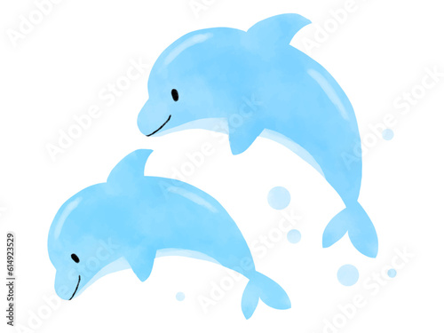 イルカショーの水彩風手描きイラスト