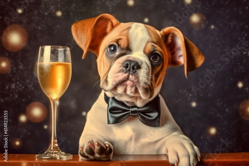 Cute puppy with a glass of champagne or sparkling wine. AI generated, human enhanced © top images