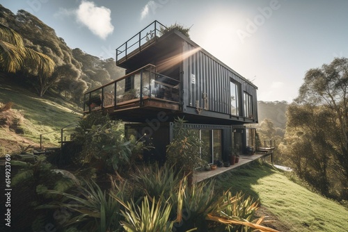 Sustainable shipping container house with solar panel roof and scenic surroundings. Generative AI