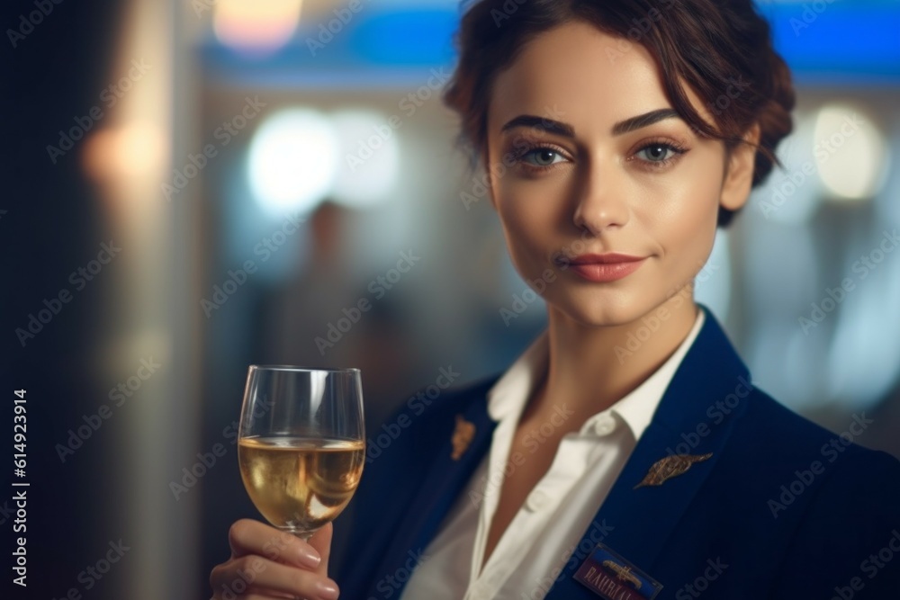 Stewardess with a glass of champagne. Background with selective focus. AI generated, human enhanced Stewardess with a glass of champagne. Background with selective focus. AI generated, human enhanced