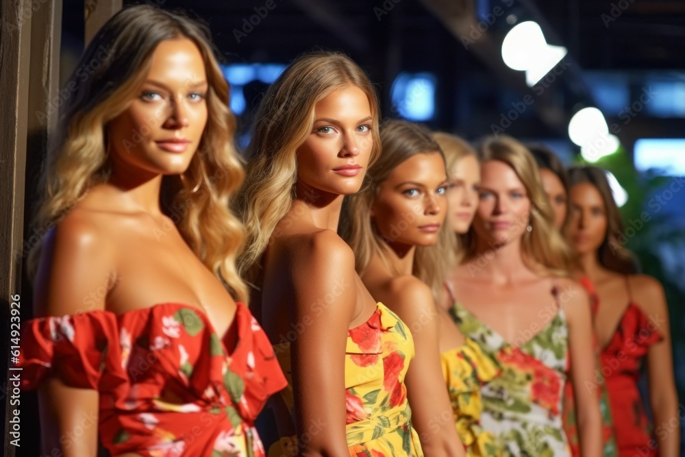 Top models at the fashion show. Background with selective focus. AI generated, human enhanced