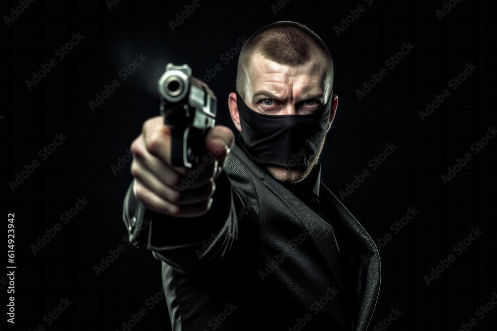 Masked criminal with a gun. Background with selective focus. AI generated, human enhanced