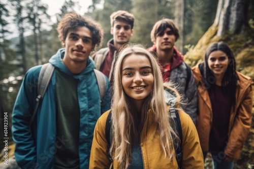 A group of teenagers on vacation in a hike or on an excursion. Background with selective focus. AI generated