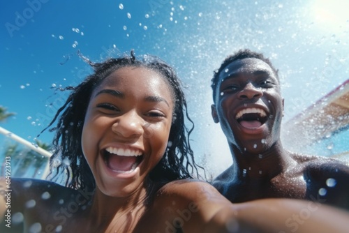 People on vacation in the water park. Background with selective focus. AI generated, human enhanced