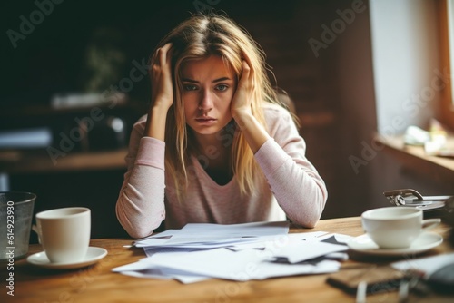 Woman doing paperwork. The concept of being stuck at work or preparing for an exam. AI generated
