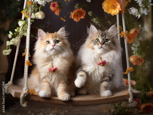 Two cute kittens sitting on a swing under a flowering tree. Swing in captivating style with two kittens. Realistic 3D illustration. Generative AI