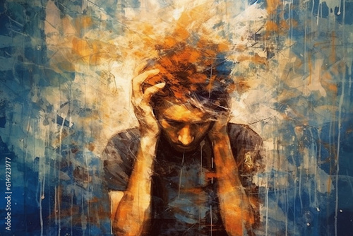 abstract pic of male suffering from low self esteem, anxiety, anger issues, inner critical voices and negativity from insecure thoughts made with generative ai