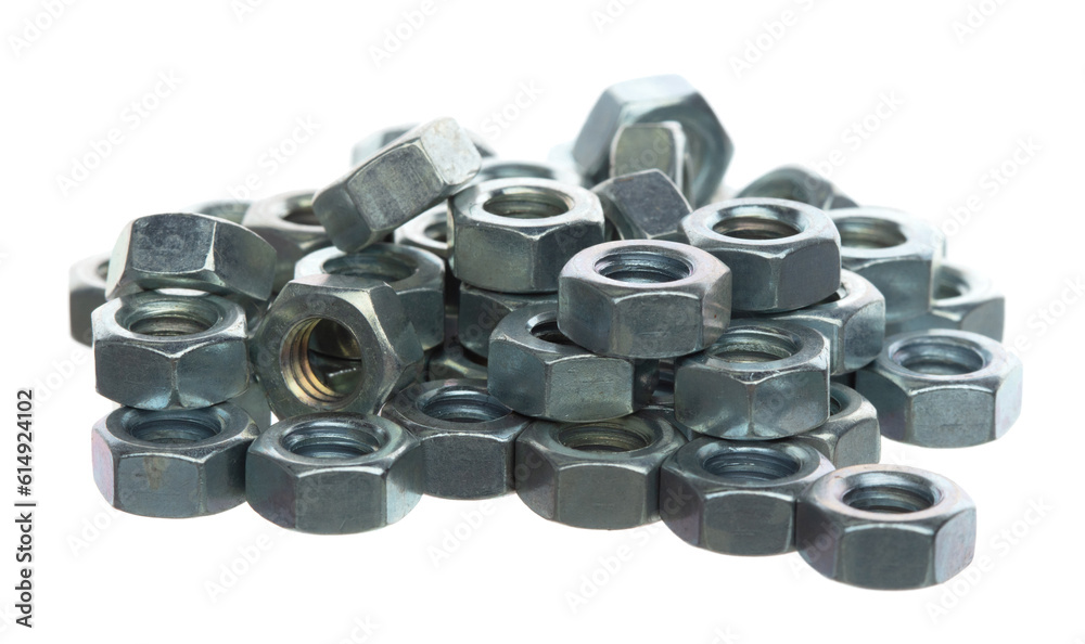 Metal Nut for industry and Repair, group on floor. Silver nuts to joint bolt machine component. Gray nut use in locking bolt washer. White background isolated Metal Nut for industry and Repair, group on floor. Silver nuts to joint bolt machine component. Gray nut use in locking bolt washer. White background isolated