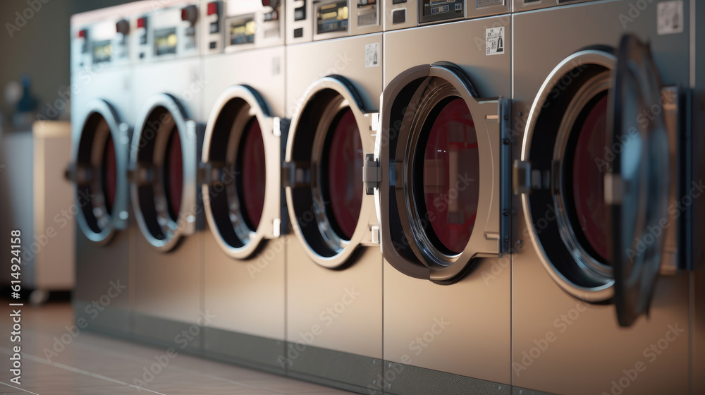 A row of industrial laundry machines - obrazy, fototapety, plakaty 