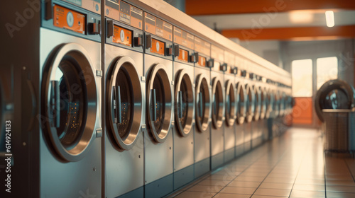 A row of industrial laundry machines