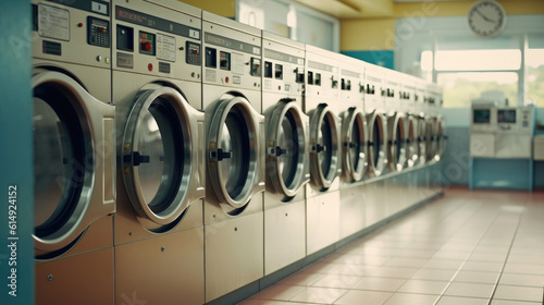 A row of industrial laundry machines