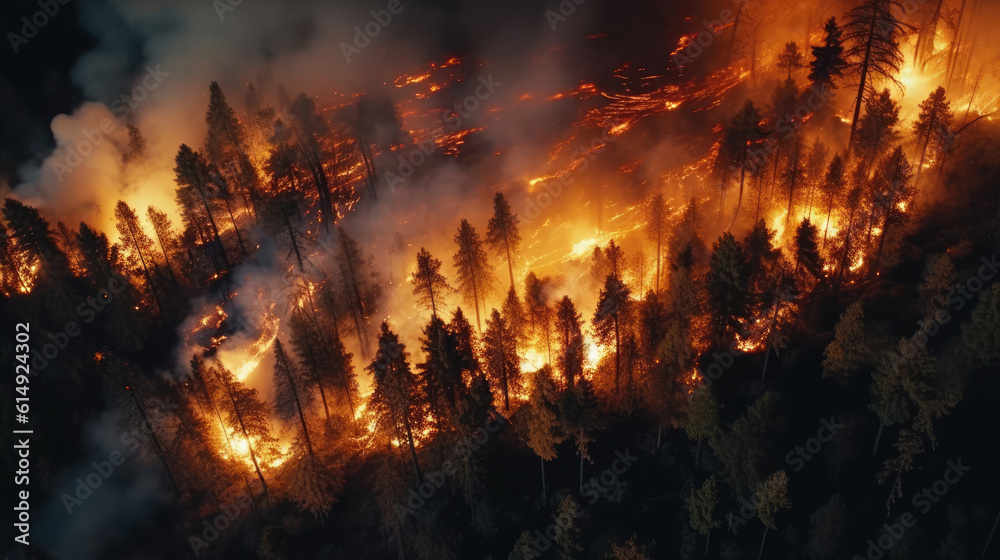 Forest fire at night, view from above