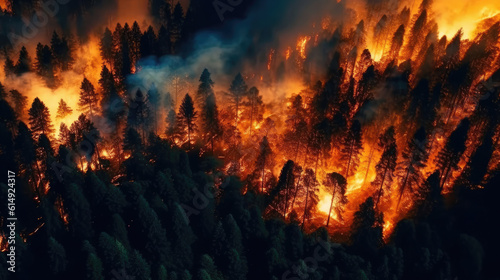 Forest fire at night, view from above