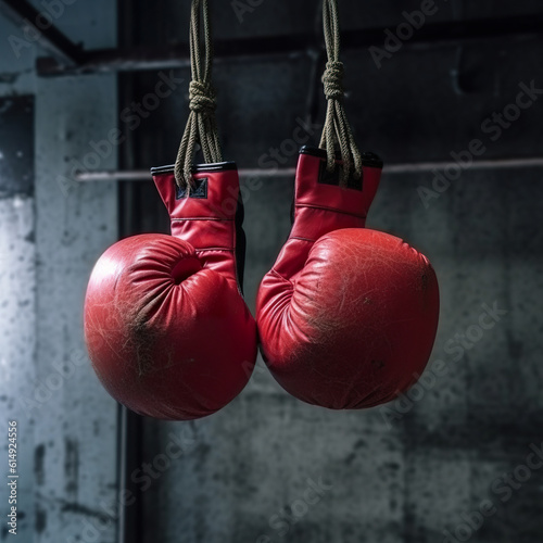 Pair of red boxing gloves hanging on wall. Two red boxing gloves hanging in a boxing gym. Rest, power and strength concept from a pair of boxing gloves. Realistic 3D illustration. Generative AI