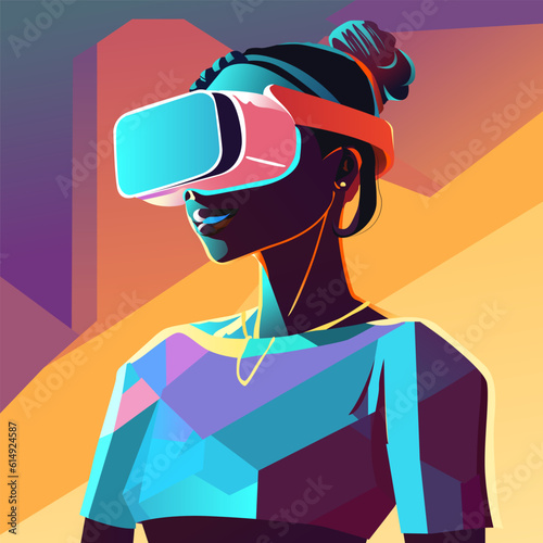 Black woman using a VR glass with a low poly background