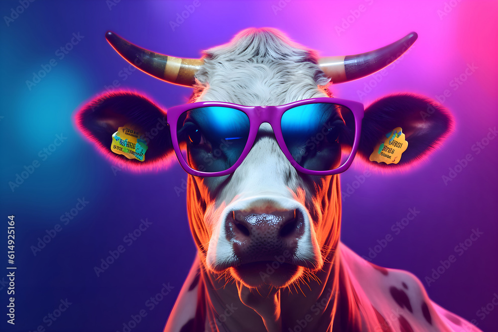 Funny cow with sunglasses in front of neon studio background Funny cow with sunglasses in front of neon studio background
