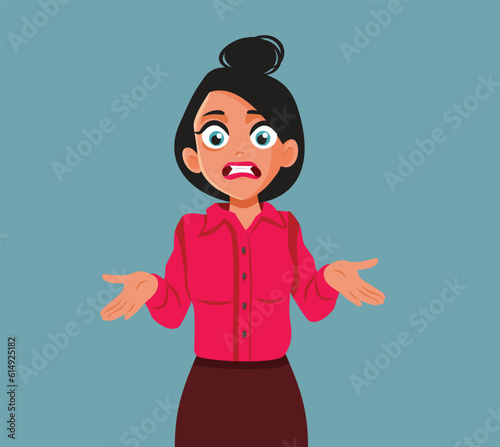 Confused Woman Shrugging Asking Herself Why Vector Cartoon Illustration. Stressed business person having confused thought 
