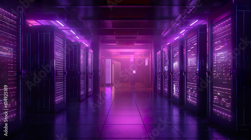 Illustration of symmetric futuristic corridor illuminated with vivid multicolored neon lamps. Server room with sparking energy and a purple glow. Realistic 3D illustration. Generative AI