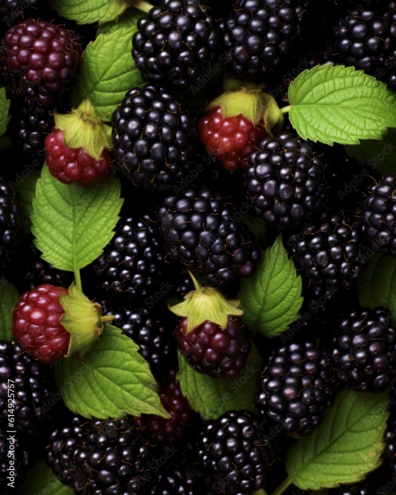 Closeup of group of delicious blackberries and green leafs Closeup of group of delicious blackberries and green leafs