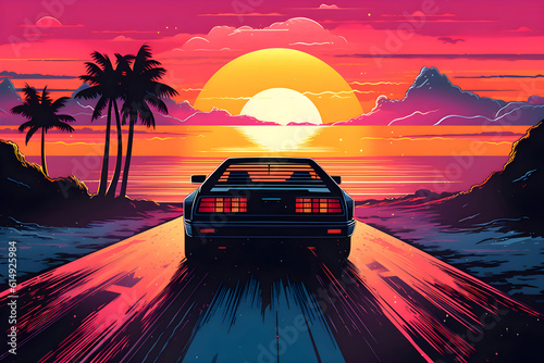 Summer vibes 80s style illustration with car driving into sunset. 