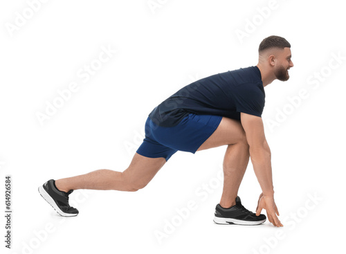 Man doing stretching on white background. Morning exercise