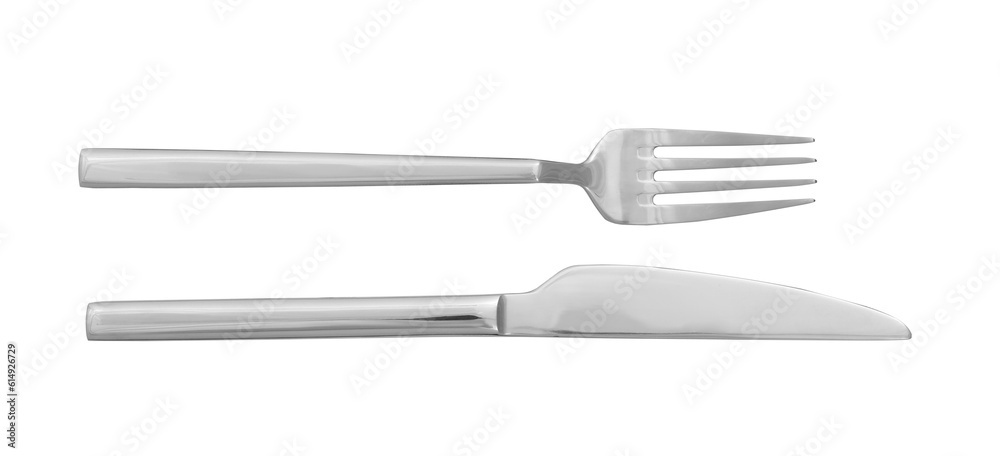 Knife and fork isolated on white, top view. Stylish shiny cutlery set - obrazy, fototapety, plakaty 
