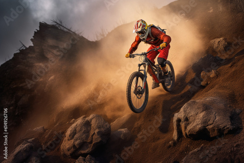 mountain bike in the sky. mountain bike rider. Young cyclist riding cycle. Generative AI