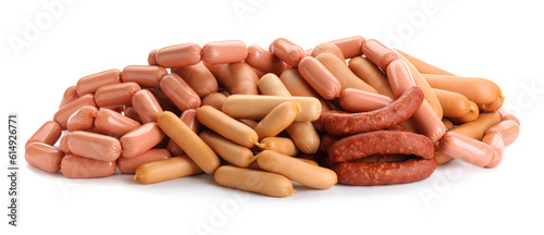 Принти на полотні Many fresh raw sausages isolated on white. Meat product