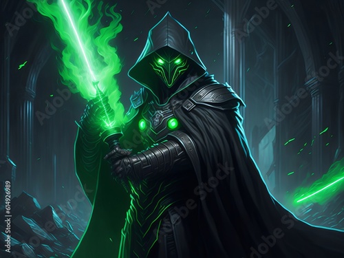 Futuristic sorcerer in a black robe with a green light weapon. Generative AI