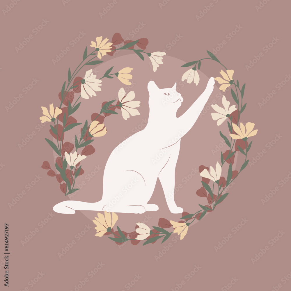 Dekoracyjna grafika z bawiącym się uroczym kotem. Kwiatowa ramka i biały kot. Ilustracja wektorowa. - obrazy, fototapety, plakaty 